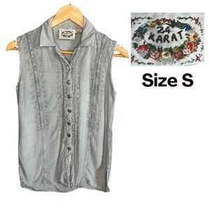 24 Karat Women’s Blouse Grey Vintage 90s Y2K Sleeveless Embellished Size S EUC